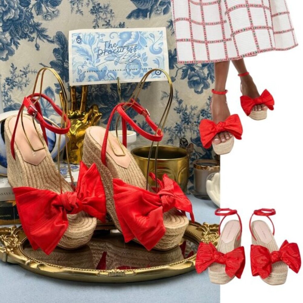 🆕 LOEFFLER RANDALL 🧿 NWOB Angelina Red Moiré Bow Wedge Espadrille, Sz 7